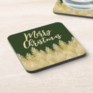 Gold Pine Trees Merry Christmas Beverage Coaster