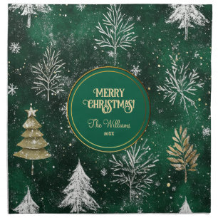 Gold Pine trees Silver Snowflakes Hunter Green Cloth Napkin
