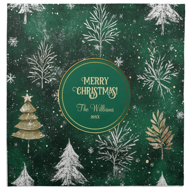 Gold Pine trees Silver Snowflakes Hunter Green Cloth Napkin (Front)