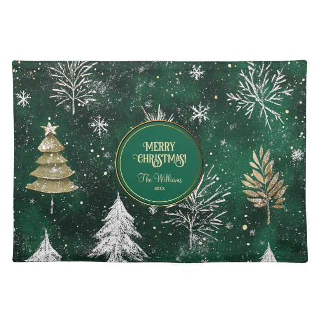 Gold Pine trees Silver Snowflakes Hunter Green Cloth Placemat (Front)
