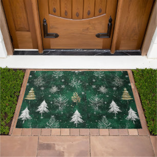 Gold Pine trees Silver Snowflakes Hunter Green Doormat