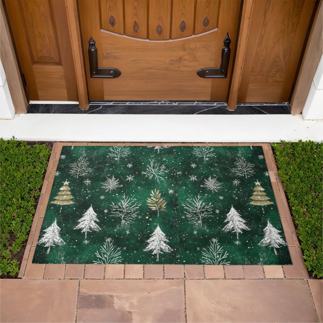 Gold Pine trees Silver Snowflakes Hunter Green Doormat (Outdoor)