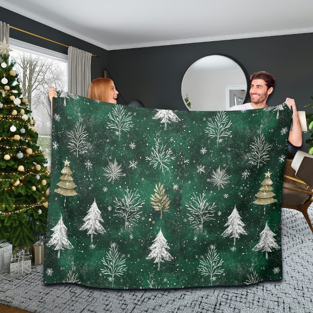 Gold Pine trees Silver Snowflakes Hunter Green Fleece Blanket (Creator Uploaded)