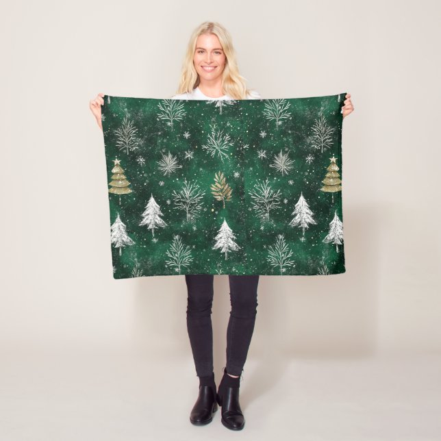 Gold Pine trees Silver Snowflakes Hunter Green Fleece Blanket (In Situ)