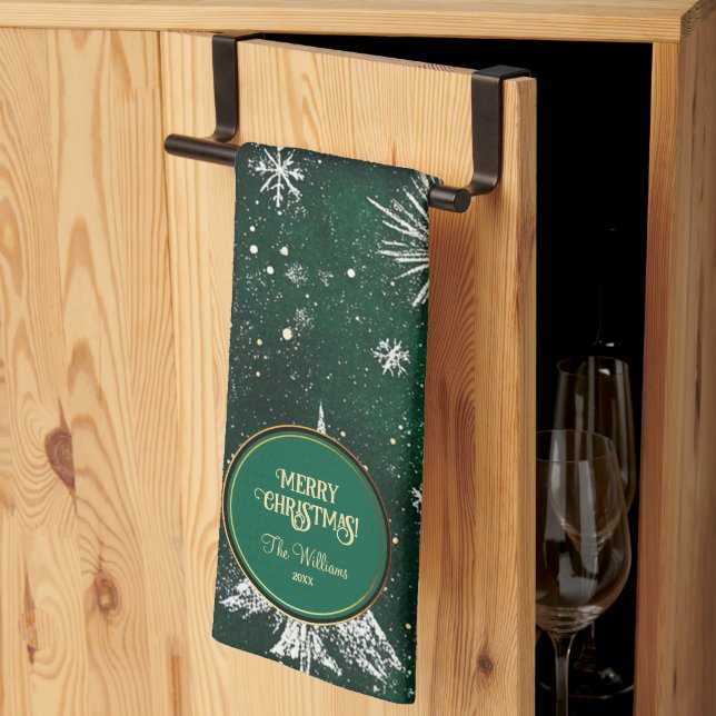 Gold Pine trees Silver Snowflakes Hunter Green Kitchen Towel (Thirds Fold)