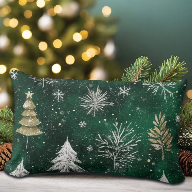 Gold Pine trees Silver Snowflakes Hunter Green Lumbar Pillow (Creator Uploaded)