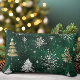 Gold Pine trees Silver Snowflakes Hunter Green Lumbar Pillow