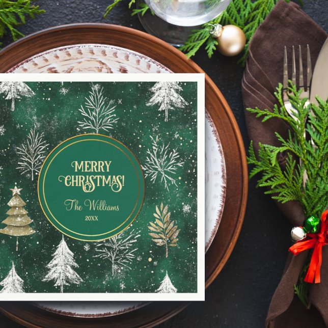 Gold Pine trees Silver Snowflakes Hunter Green Napkins (Creator Uploaded)