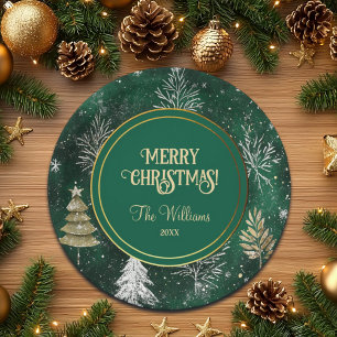 Gold Pine trees Silver Snowflakes Hunter Green Paper Plates