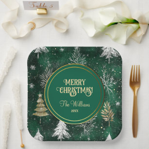 Gold Pine trees Silver Snowflakes Hunter Green Paper Plates