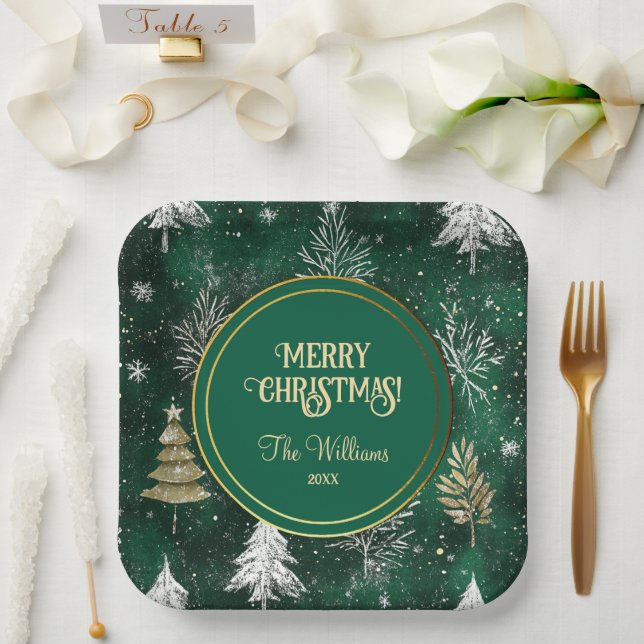 Gold Pine trees Silver Snowflakes Hunter Green Paper Plates (Wedding)
