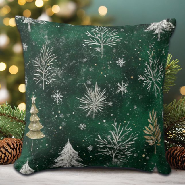 Gold Pine trees Silver Snowflakes Hunter Green Throw Pillow (Creator Uploaded)