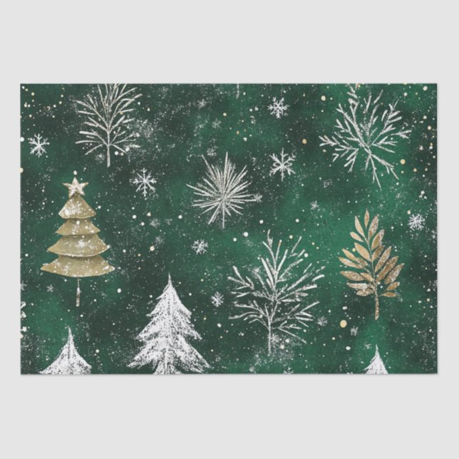 Gold Pine trees Silver Snowflakes Hunter Green Tissue Paper (Front)