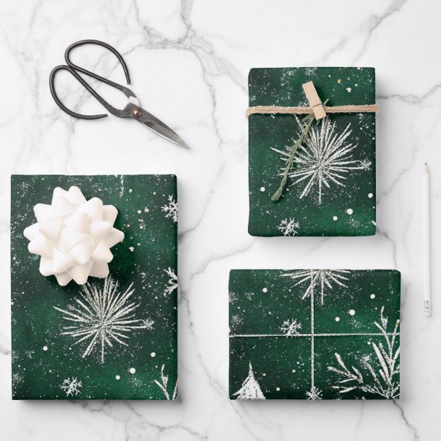 Gold Pine trees Silver Snowflakes Hunter Green Wrapping Paper Sheets (Front)