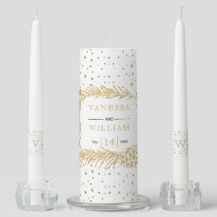 Gold pine with cones and confetti winter wedding unity candle set