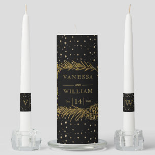 Gold pine with cones confetti black winter wedding unity candle set