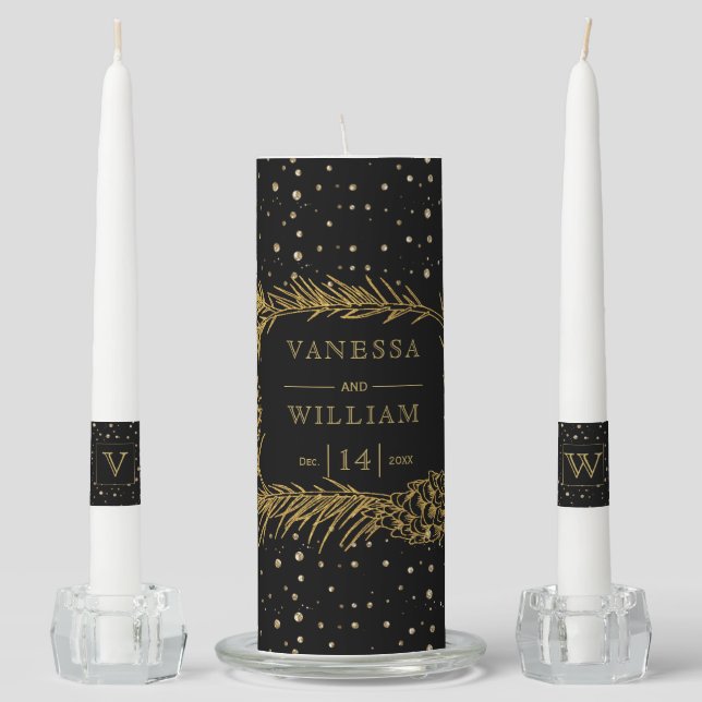 Gold pine with cones confetti black winter wedding unity candle set (Front)