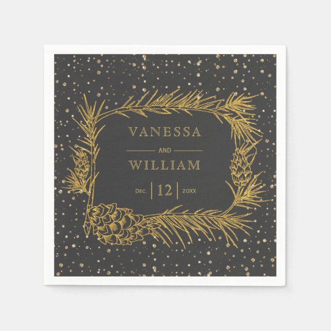 Gold pine with cones gray Christmas wedding Napkins (Front)