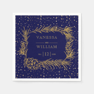 Gold pine with cones navy blue Christmas wedding Napkins