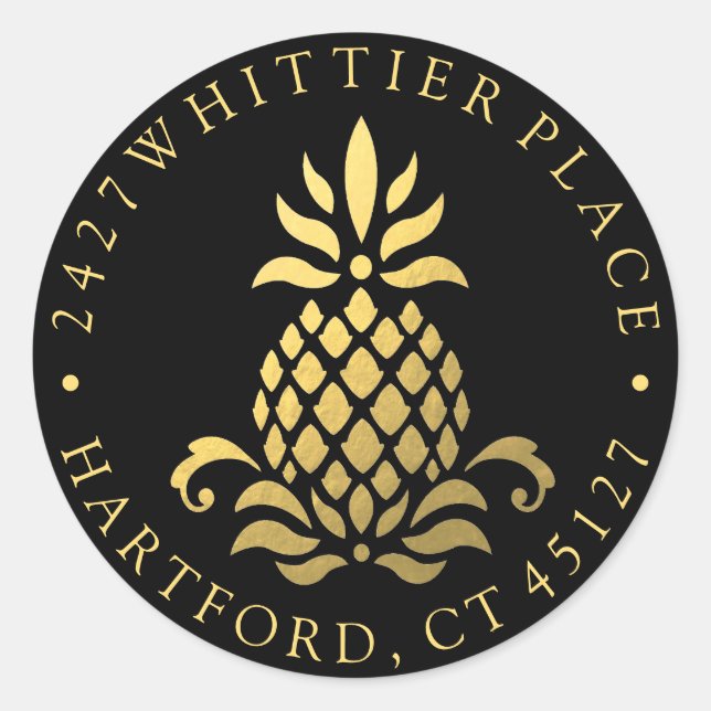 Gold Pineapple | Address With Initials Classic Round Sticker (Front)