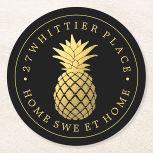 Gold Pineapple   Address With Text Round Paper Coaster
