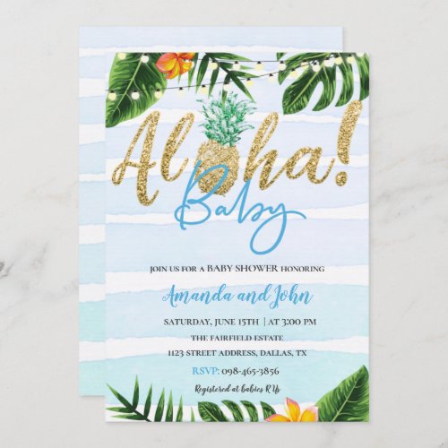 Gold Pineapple Aloha Baby Shower Invitation