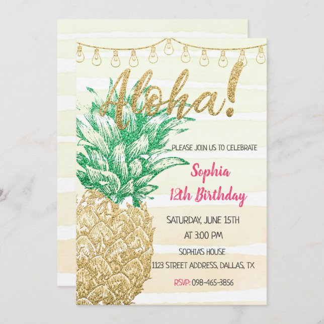 Gold Pineapple Aloha Birthday Invitation (Front/Back)