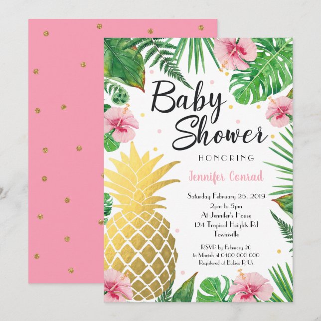 Gold Pineapple Baby Shower Invitation, Tropical Invitation (Front/Back)