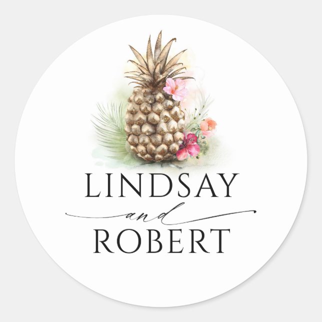 Gold Pineapple Beach Wedding Classic Round Sticker (Front)