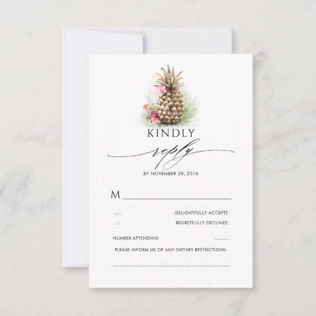 Gold Pineapple Beach Wedding RSVP Card (Front)