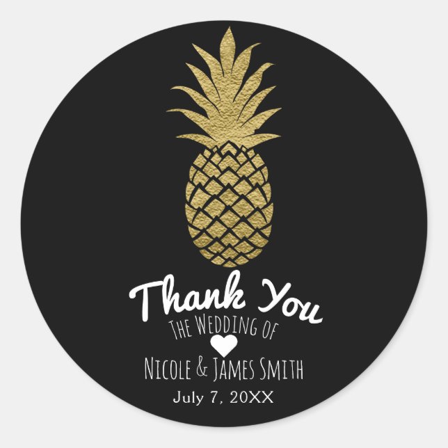 Gold Pineapple Black Modern Chic Tropical Favor Classic Round Sticker (Front)