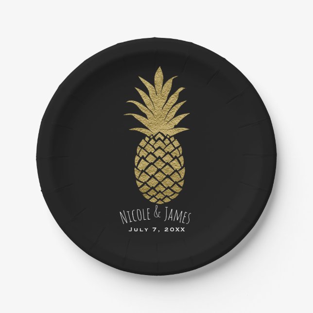 Gold Pineapple Black Modern Chic Tropical Party Paper Plates (Front)