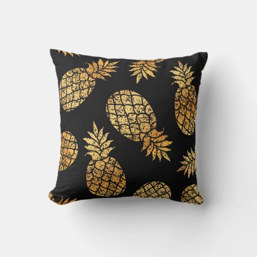 Gold Pineapple Black Tropical Beach Boho Throw Pillow