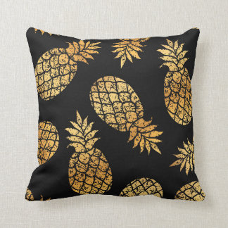 Gold Pineapple Black Tropical Beach Boho Throw Pillow