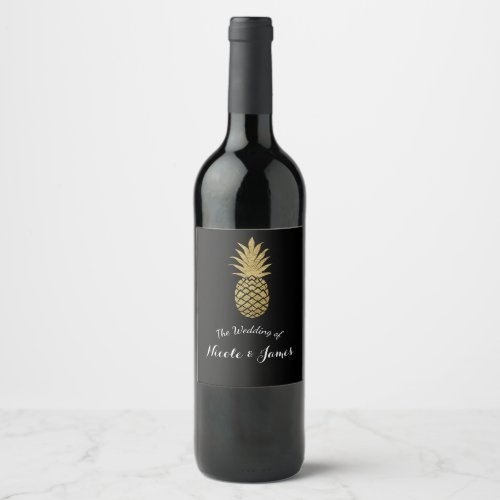 Gold Pineapple Black Tropical Elegant Wedding Wine Wine Label
