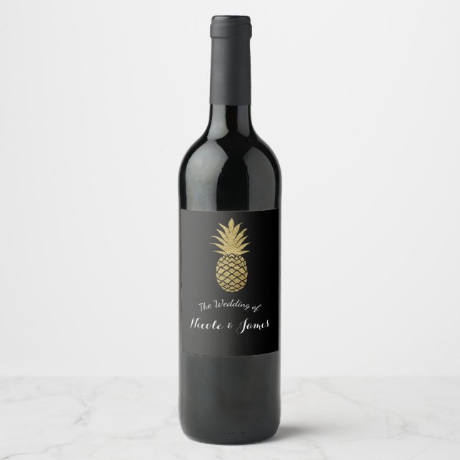 Gold Pineapple Black Tropical Elegant Wedding Wine Wine Label (Front)