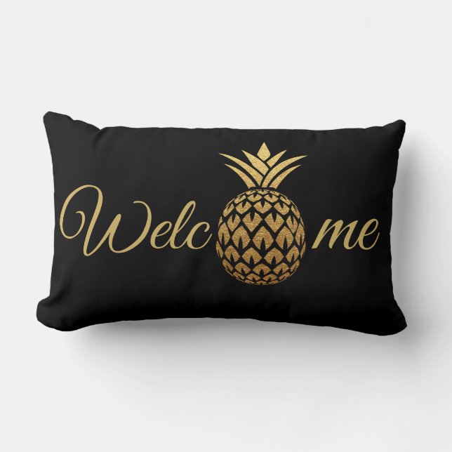 Gold Pineapple Black Welcome Lumbar Pillow (Front)