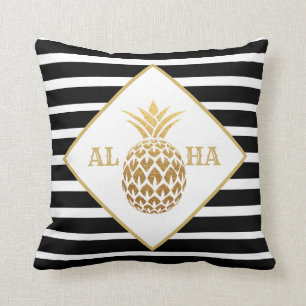 Gold Pineapple Black White Aloha Tropical Throw Pillow