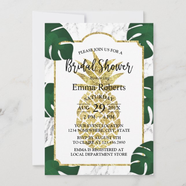 Gold Pineapple Bridal Shower Trendy White Marble Invitation (Front)