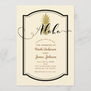 Gold Pineapple Cream & Black Tropical Wedding Invitation