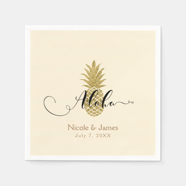Gold Pineapple Cream Tropical Elegant Wedding Napkins (Front)