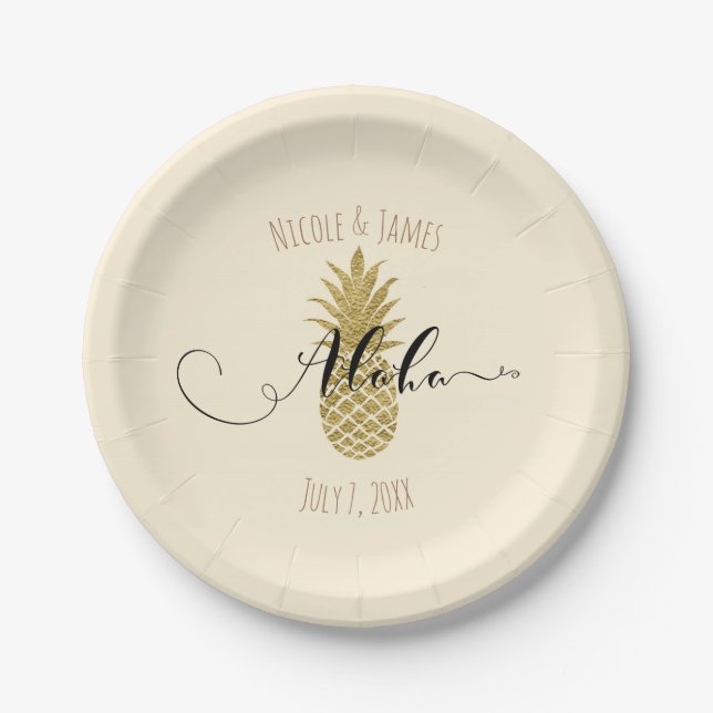 Gold Pineapple Cream Tropical Elegant Wedding Paper Plates (Front)