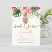 Gold Pineapple Floral Tropical Bridal Shower Invitation (Standing Front)