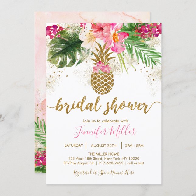 Gold Pineapple Floral Tropical Bridal Shower Invitation (Front/Back)