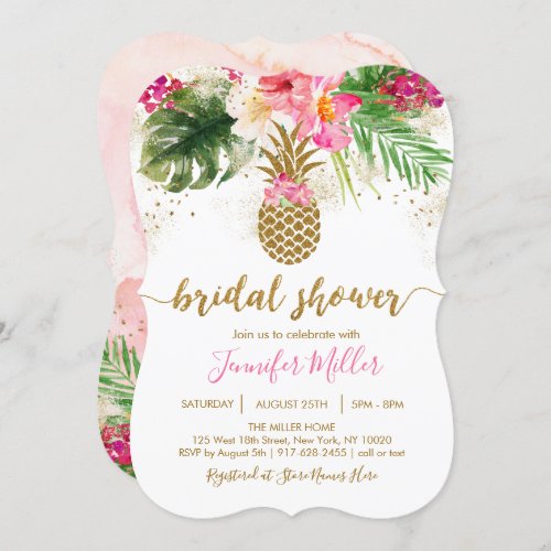 Gold Pineapple Floral Tropical Bridal Shower Invitation