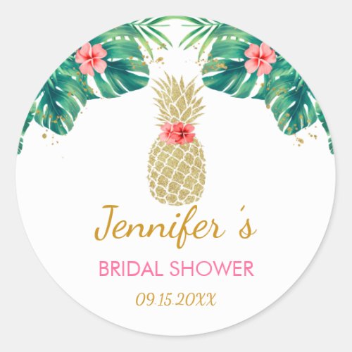 Gold Pineapple Glitter Pink Floral Bridal Shower Classic Round Sticker