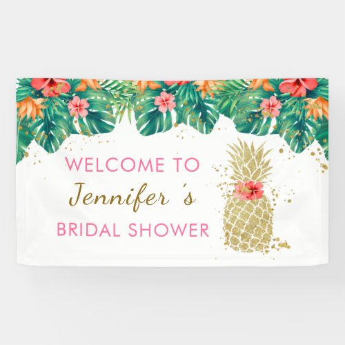 Gold Pineapple Glitter Pink Tropical Bridal Shower Banner