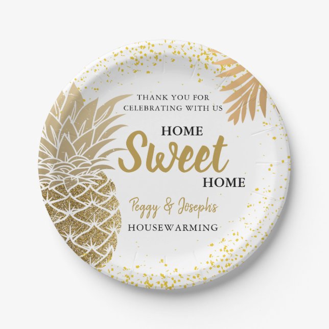 Gold Pineapple Home Sweet Home Housewarming Paper Plates (Front)
