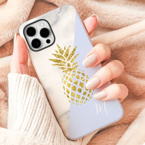 Gold Pineapple Marble Blue Pastel Monogram Iphone 16 Pro Max Case