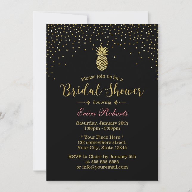 Gold Pineapple Modern Confetti Bridal Shower Invitation (Front)
